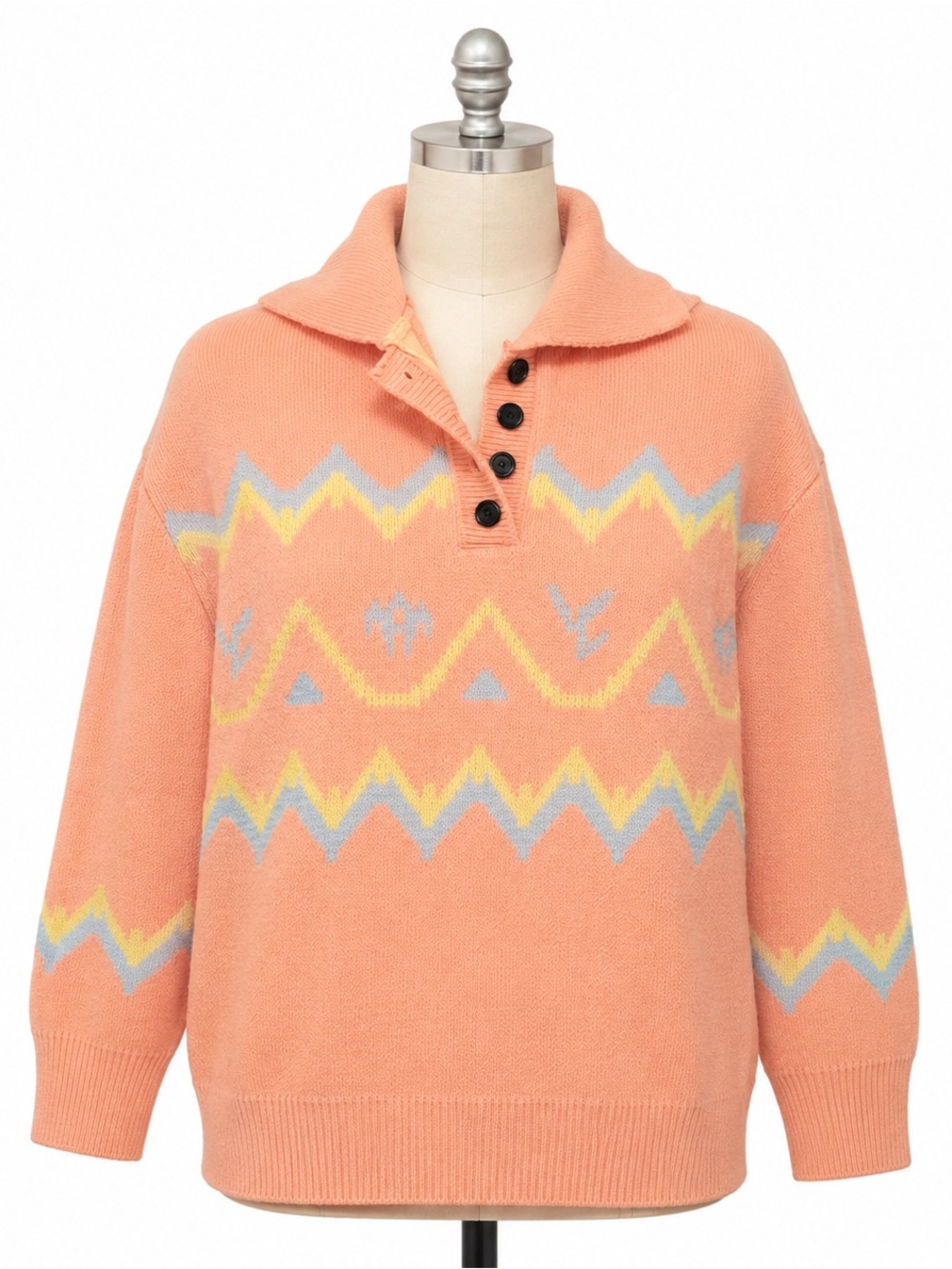 Vintage Peach Knit Pullover with Blue and Yellow Pattern